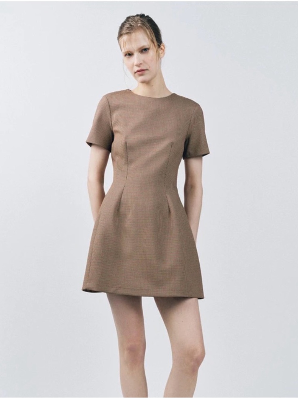 New Zara Structured Short-Sleeve Mini Dress in Brown
